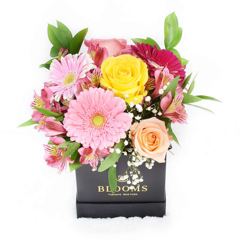 Sparkling Wine Celebration Gift with Pink Floral Box and Birthday Bear Plush – how the gift is presented