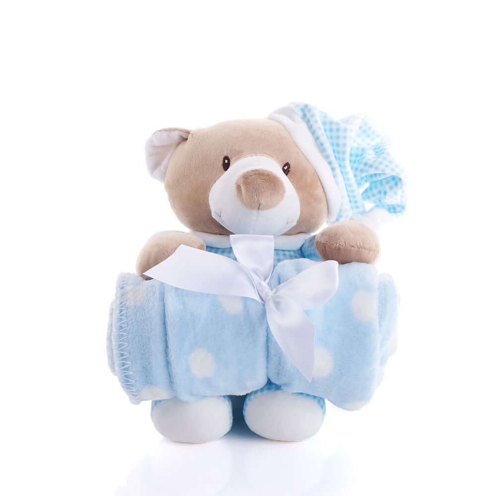 Classic Stuffed Bear with Blue Baby Blanket Gift Basket – how the gift is presented