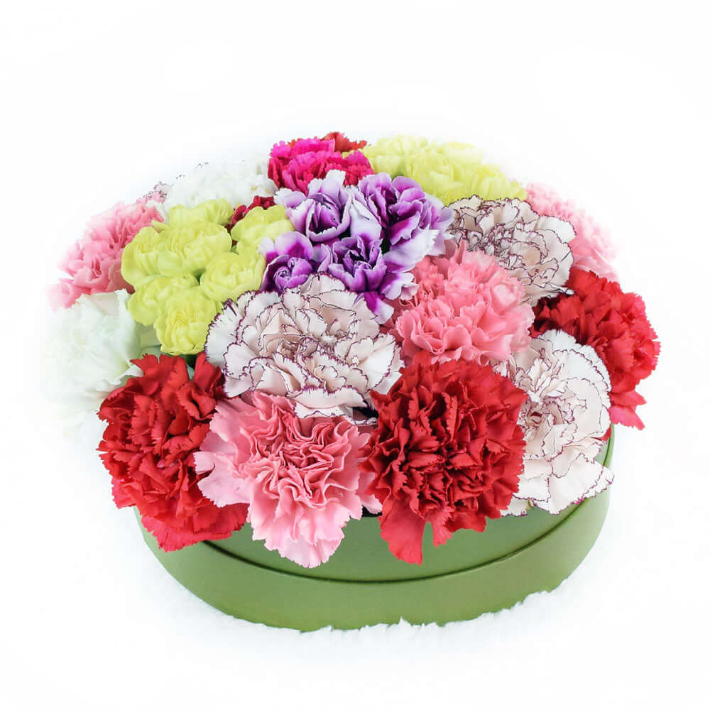 Mixed Carnations and Ruscus Hat Box – how the gift is presented