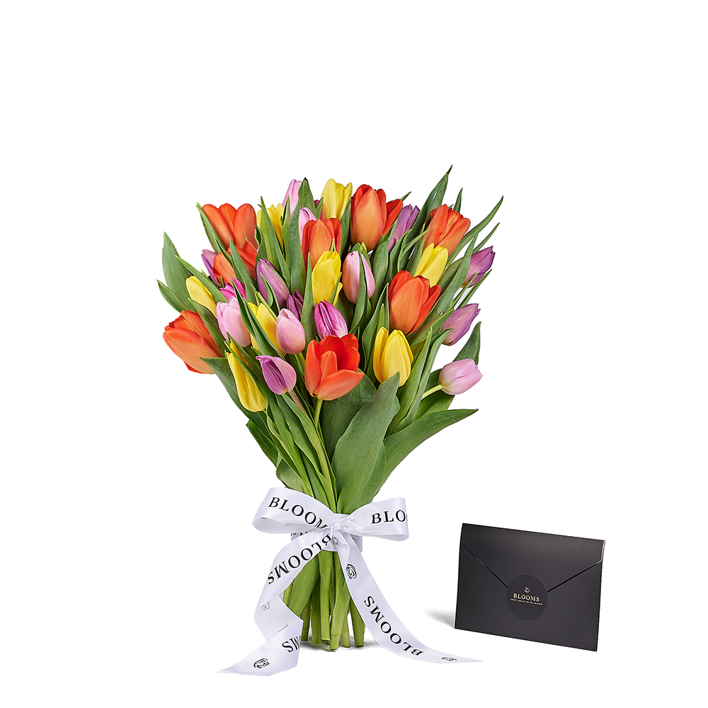 Birthday and Anniversary Tulip Bouquet Encapsulated with Ribbon – how the gift is presented
