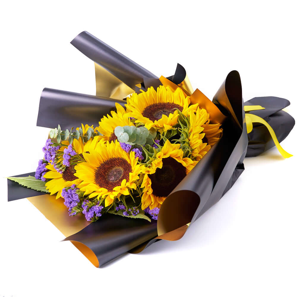 Sunflower Bouquet Tied with Designer Ribbon – how the gift is presented