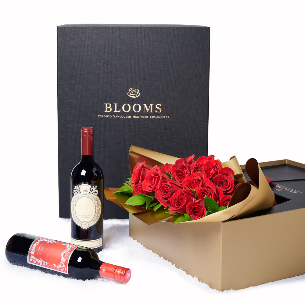 Premium 18-Count Red Rose Bouquet with Wine & Chocolate Gift – how the gift is presented