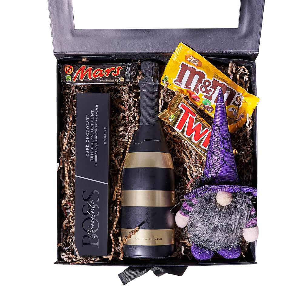 Deluxe Sparkling Wine with Dark Chocolate Truffles & Halloween Plush Gift – how the gift is presented
