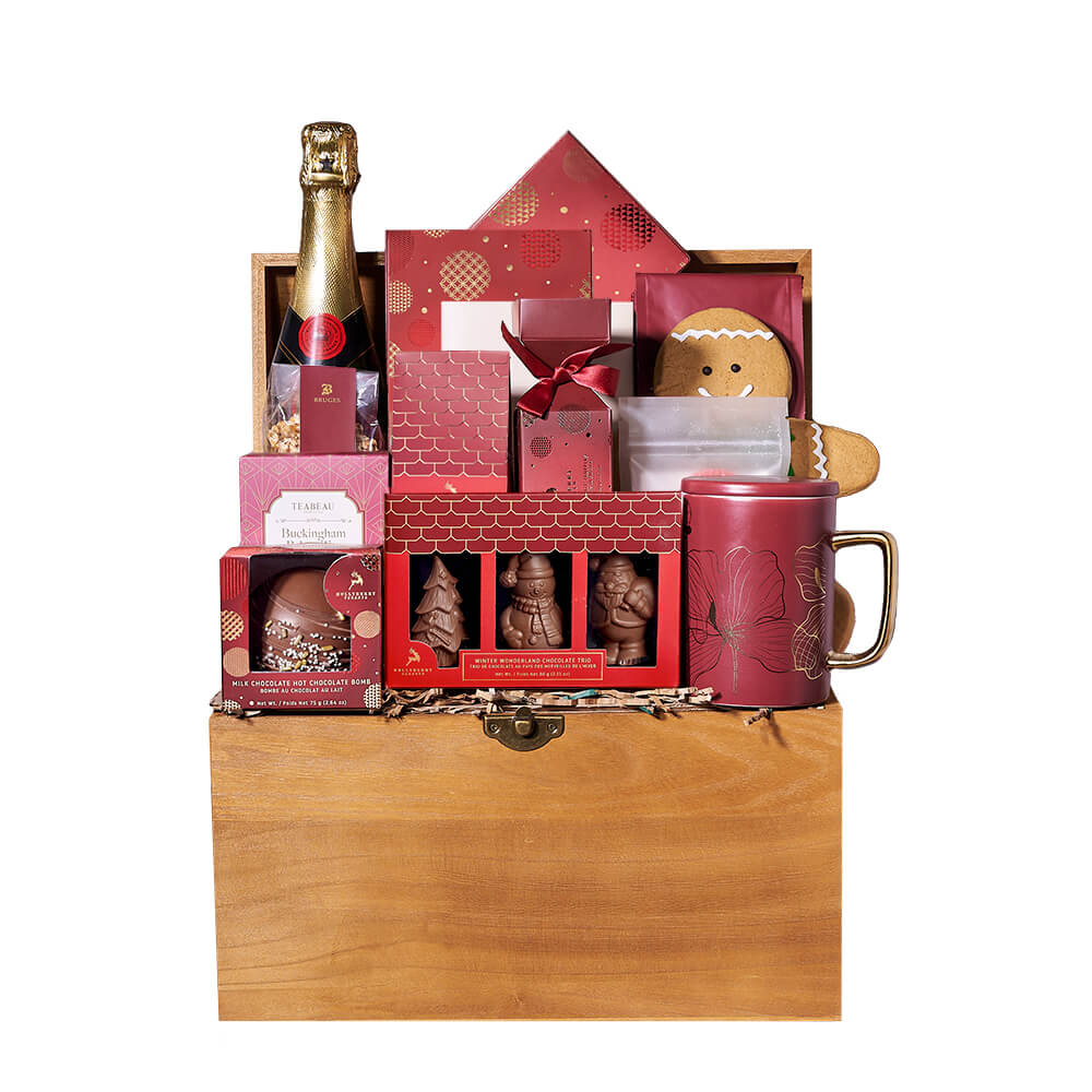 Holiday Celebration Sparkling Wine Gift in Pine Treasure Box – how the gift is presented