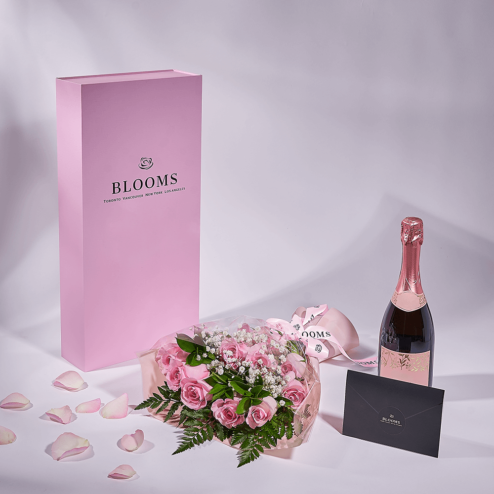 Mother's Day 12 Stem Pink Rose Bouquet with Box & Champagne, champagne gift, champagne, sparkling wine gift, sparkling wine, mothers day gift, mothers day, Connecticut delivery
