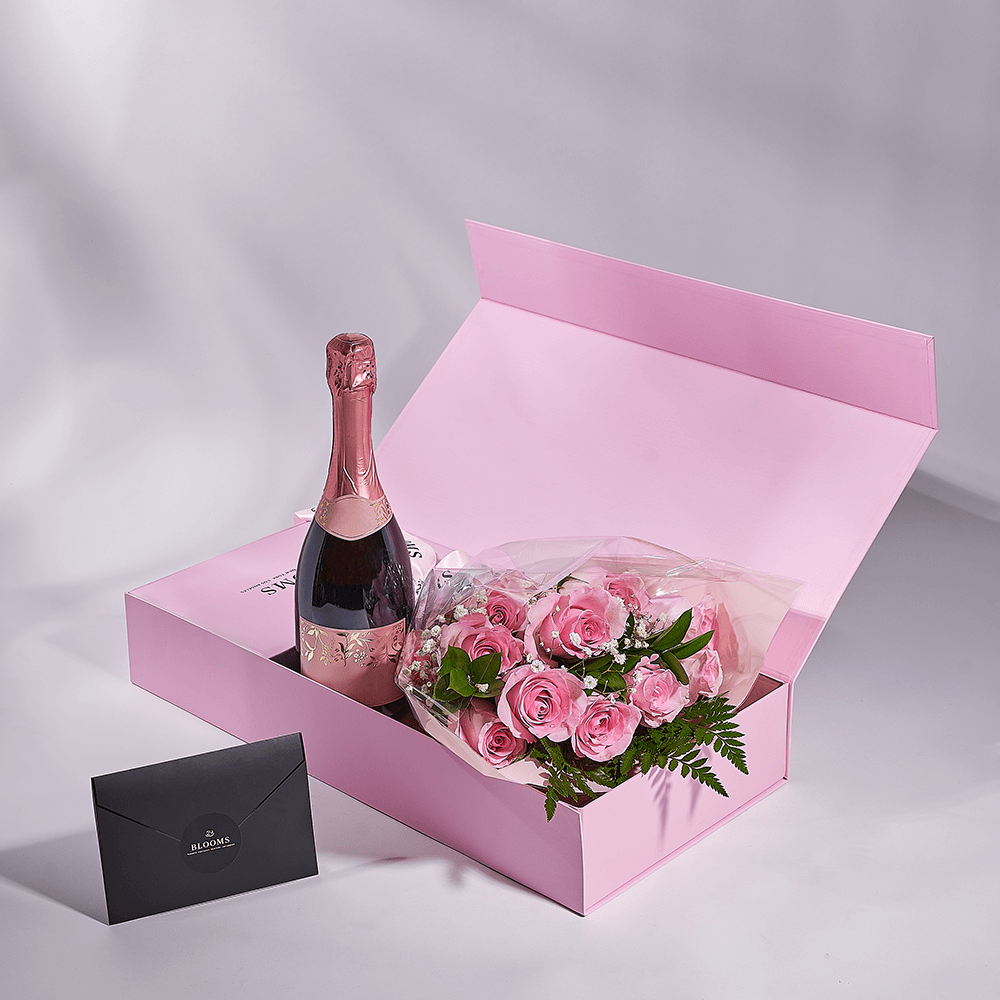 Mother's Day 12 Stem Pink Rose Bouquet with Box & Champagne, champagne gift, champagne, sparkling wine gift, sparkling wine, mothers day gift, mothers day, Connecticut delivery