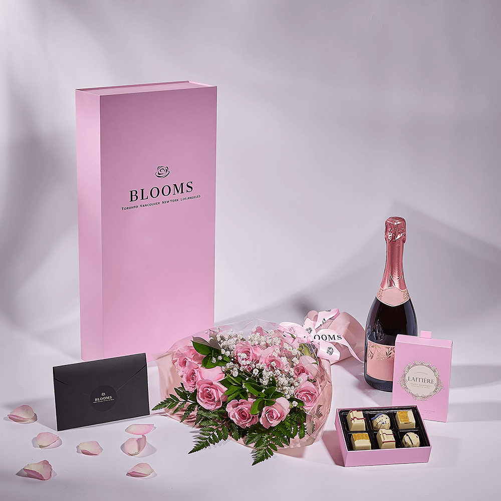 Mother's Day Dozen Pink Rose Bouquet with Box, Champagne, & Chocolate, champagne gift, champagne, sparkling wine gift, sparkling wine, mothers day gift, mothers day, Connecticut delivery