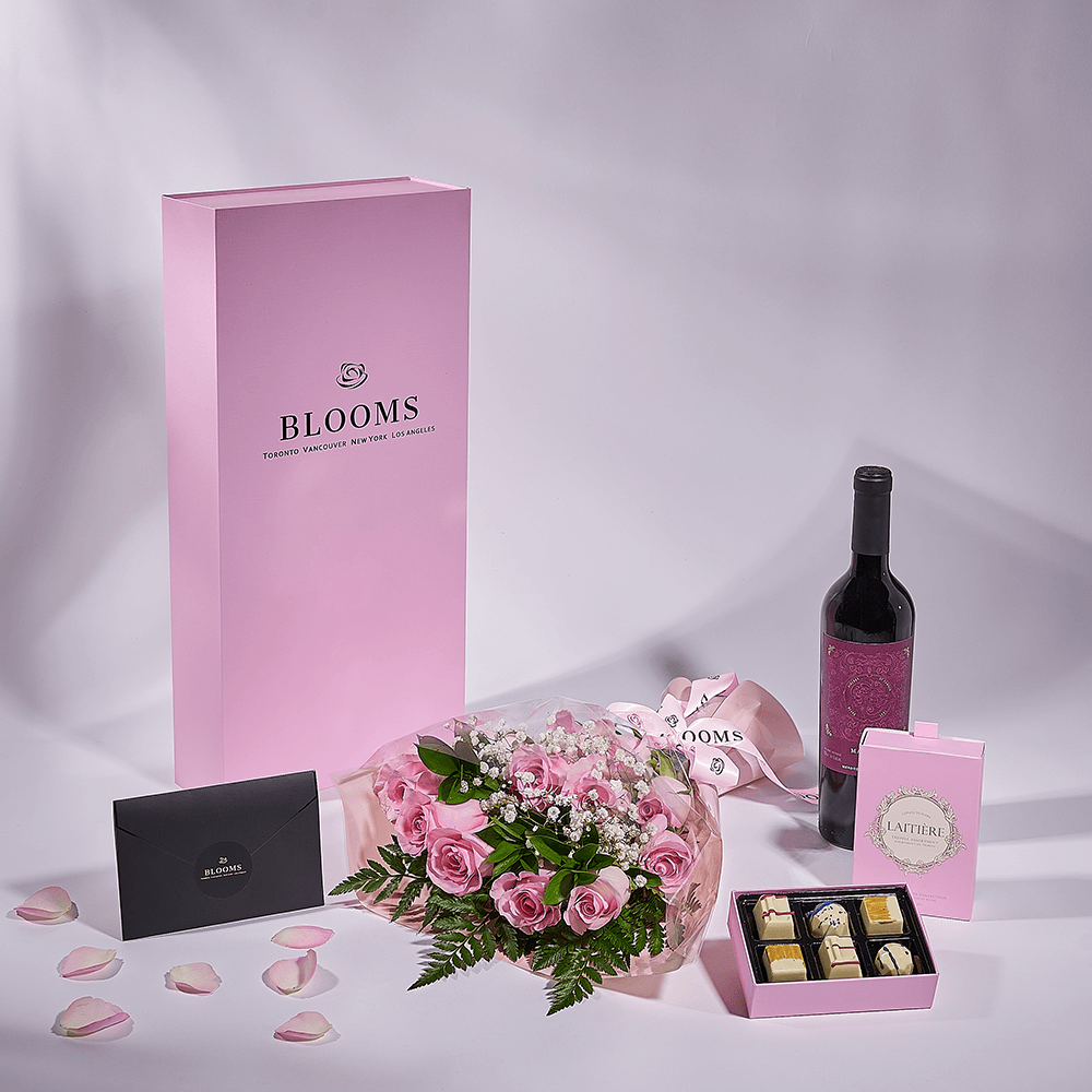 Mother's Day Dozen Pink Rose Bouquet with Box, Wine, & Chocolate, rose gift, rose, mothers day gift, mothers day, wine gift, wine, Connecticut delivery