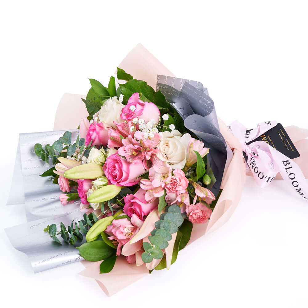 Mother's Day Pastel Bouquet with Roses, Lilies & Mini Carnations – how the gift is presented