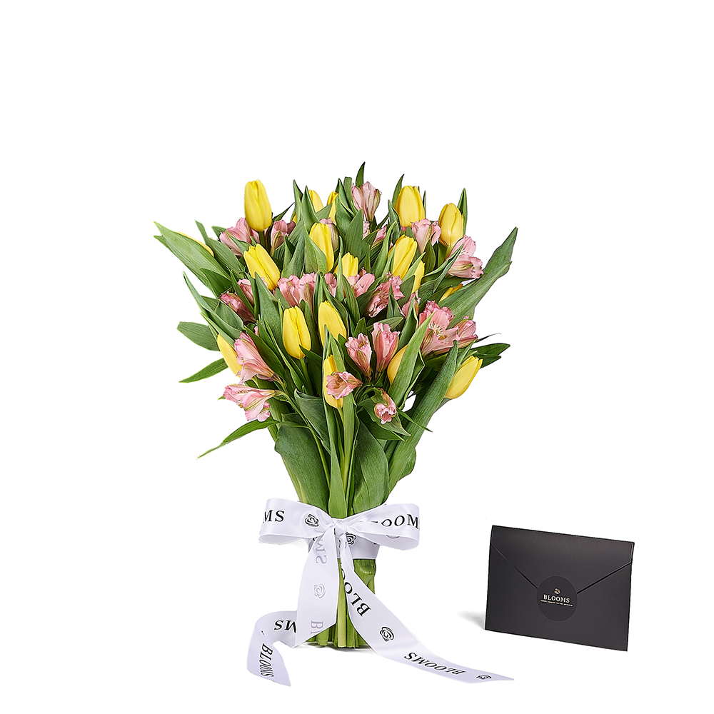 Deluxe Yellow Alstroemeria & Tulip Wrapped Bouquet – how the gift is presented