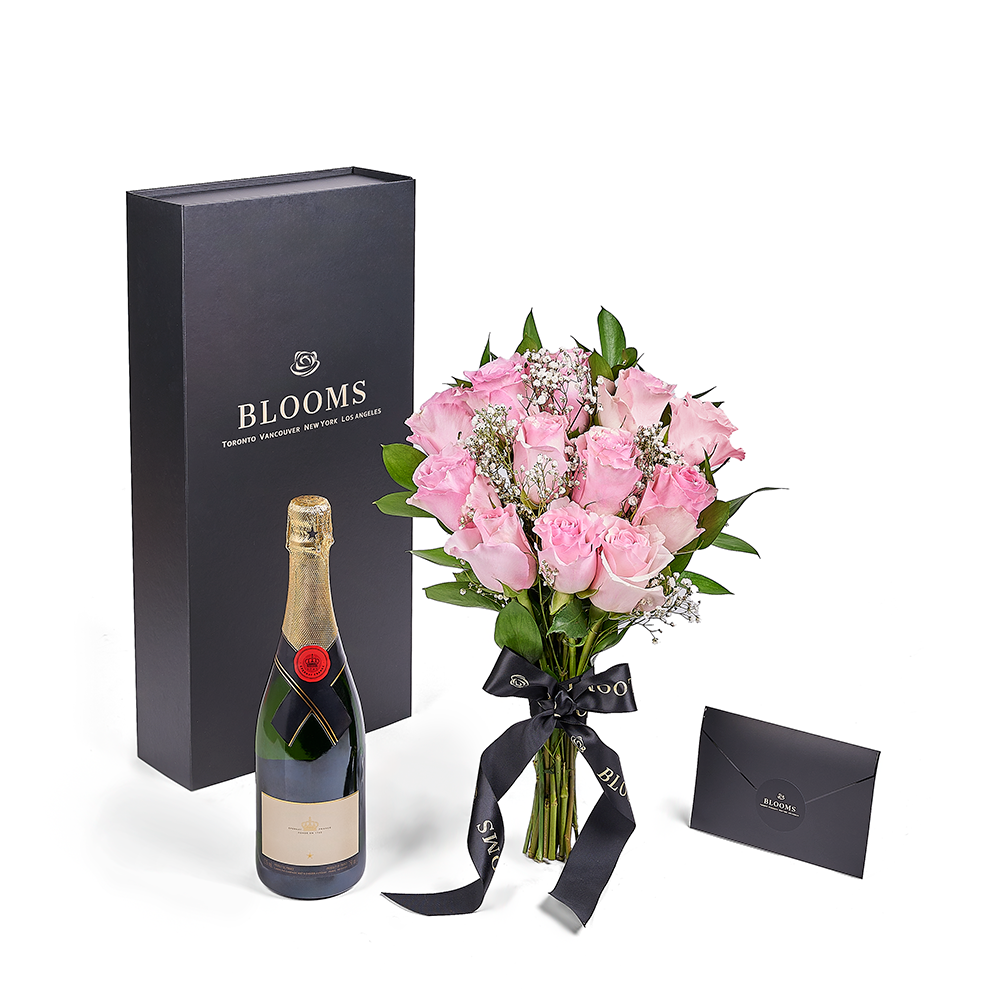 Valentine's Day Pink Rose Bouquet Tied with Ribbon plus Sparkling Wine Gift – how the gift is presented