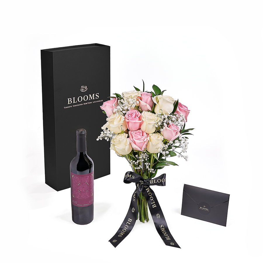 Valentine's Day 12 Stem Pink & White Rose Bouquet with Box & Wine, valentines day gift, valentines day, rose gift, rose, wine gift, wine, Connecticut delivery