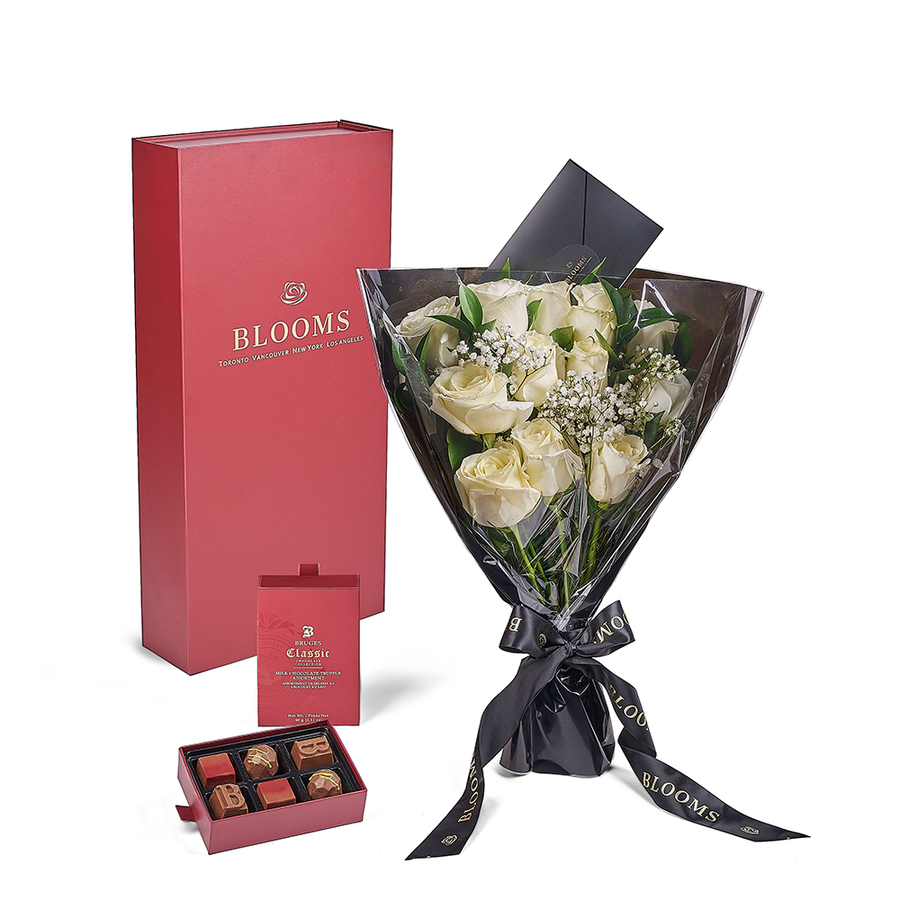 Valentine’s Day Dozen White Rose Bouquet With Box & Chocolate, Valentine's Day gifts, roses, chocolate gifts, Connecticut Flower Delivery