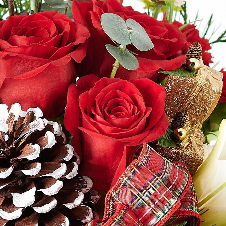Festive Mixed Flower Arrangement in White Ceramic Pot – how the gift is presented
