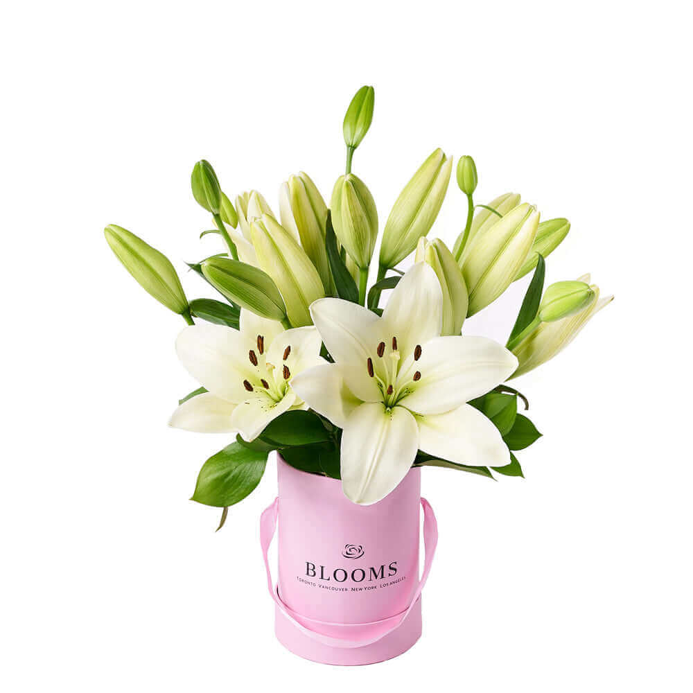 Floral Gift Featuring White Lilies in Pink Hat Box, Connecticut – how the gift is presented