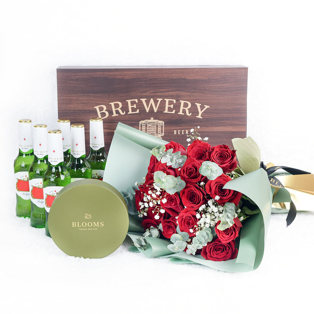 Cheers To A Milestone! Flowers & Beer Gift from Connecticut Blooms with an unconventional yet edgy mix of beers and flowers