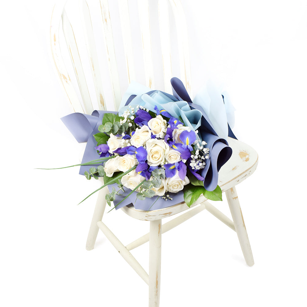 Muted Grace Mixed Floral Bouuet - White Roses and Iris. Connecticut Delivery