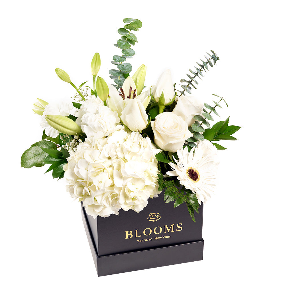Pastel Floral Gourmet Gift in Black Square Hat Box – how the gift is presented