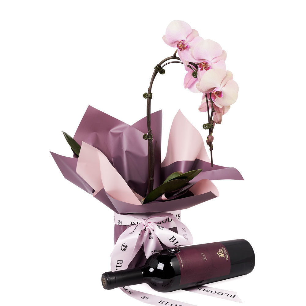 Phalaenopsis Orchid Planter and Red Wine Gift – how the gift is presented
