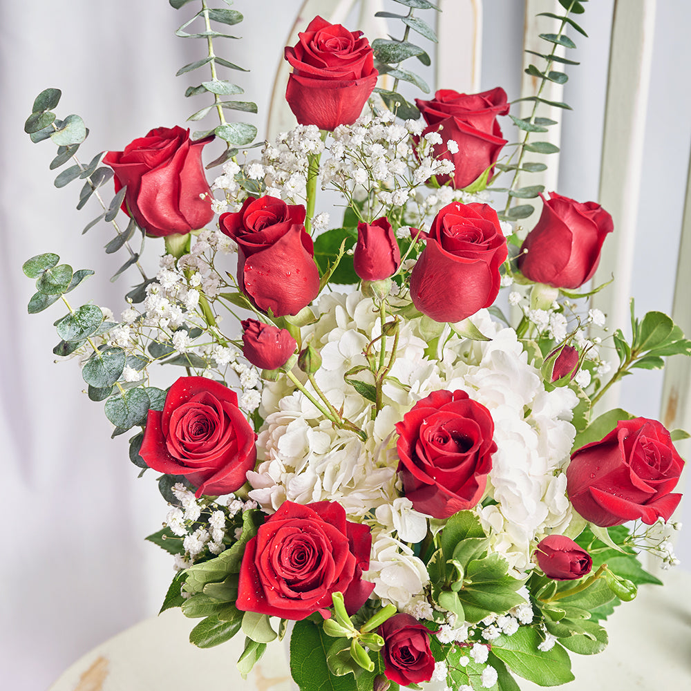 Deluxe Floral Arrangement with Red Roses, White Hydrangeas, and Baby's Breath – how the gift is presented