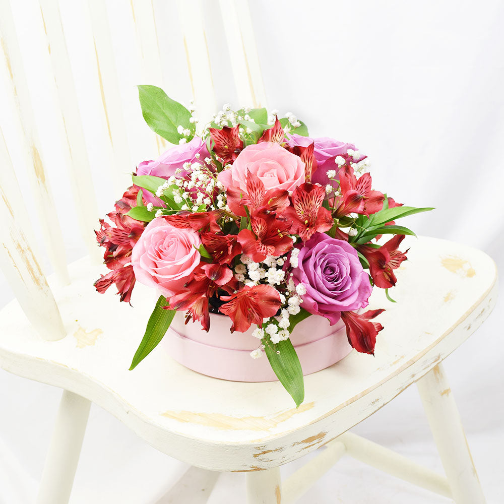 Signature Birthday Mixed Flower Arrangement with Roses and Ruscus – how the gift is presented