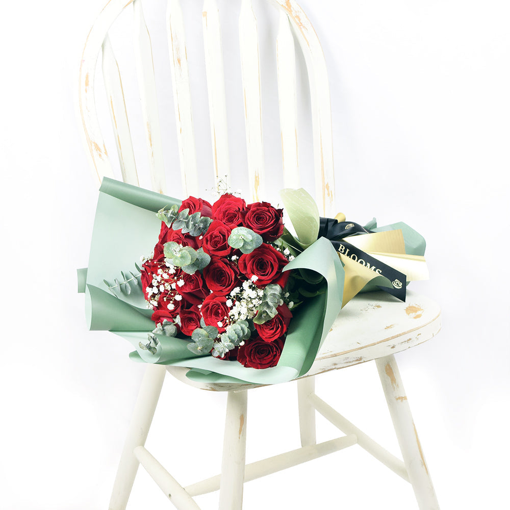 Luxury Red Rose, Baby's Breath & Eucalyptus Bouquet – how the gift is presented