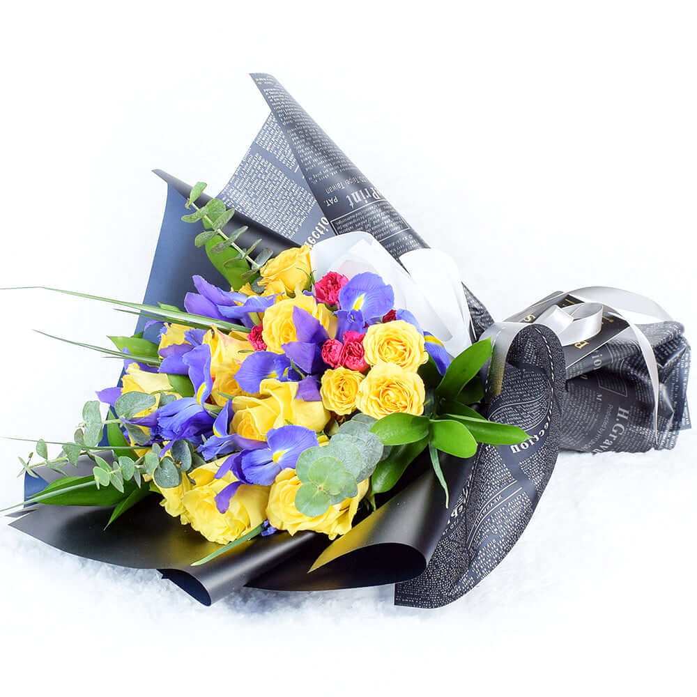 Yellow Rose and Iris Mixed Bouquet. Connecticut Delivery