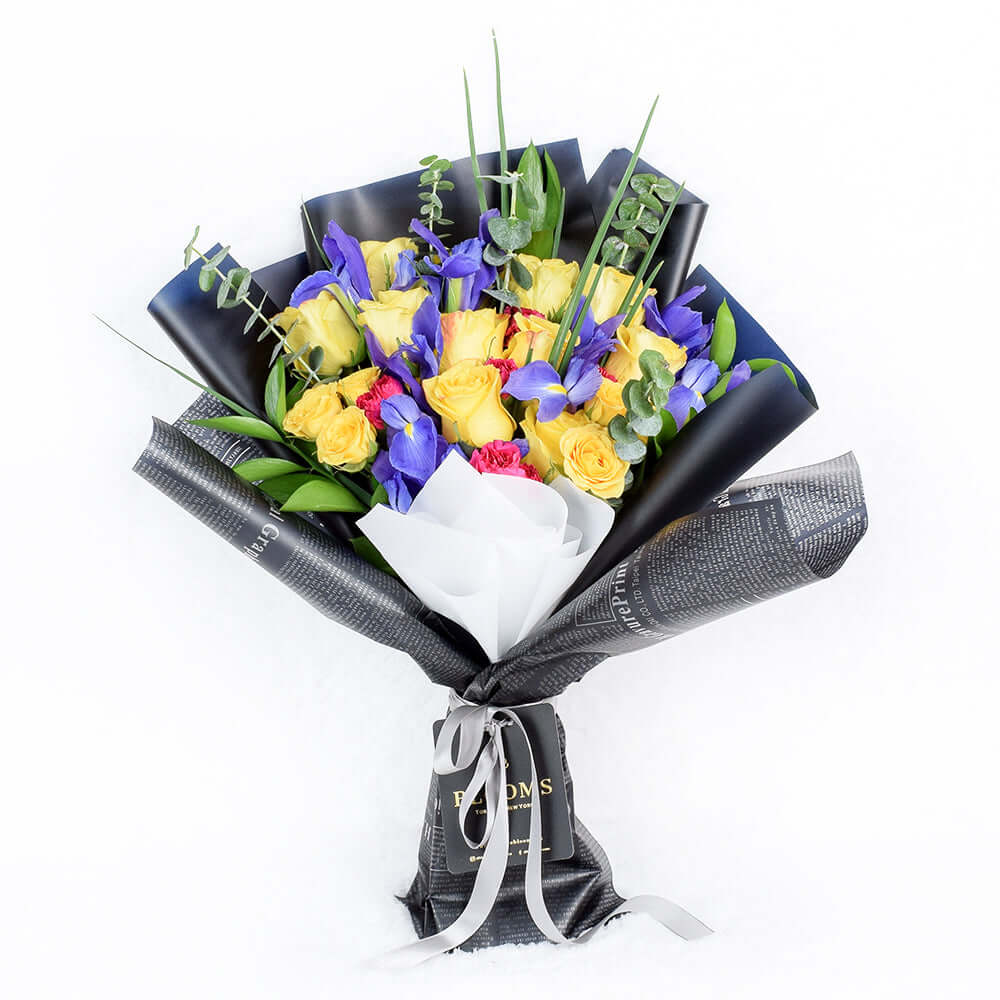 Yellow Rose and Iris Mixed Bouquet. Connecticut Delivery