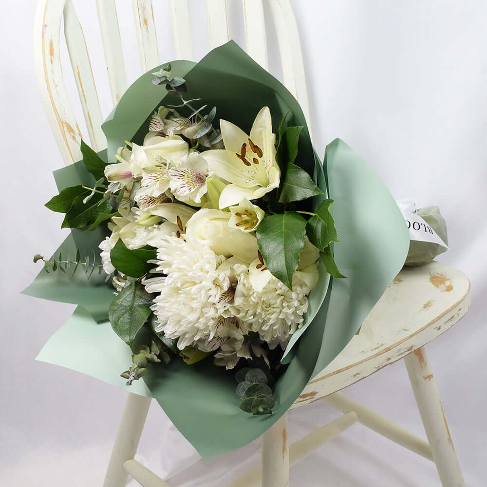Premium White and Cream Mother's Day Bouquet with Lilies and Roses – how the gift is presented