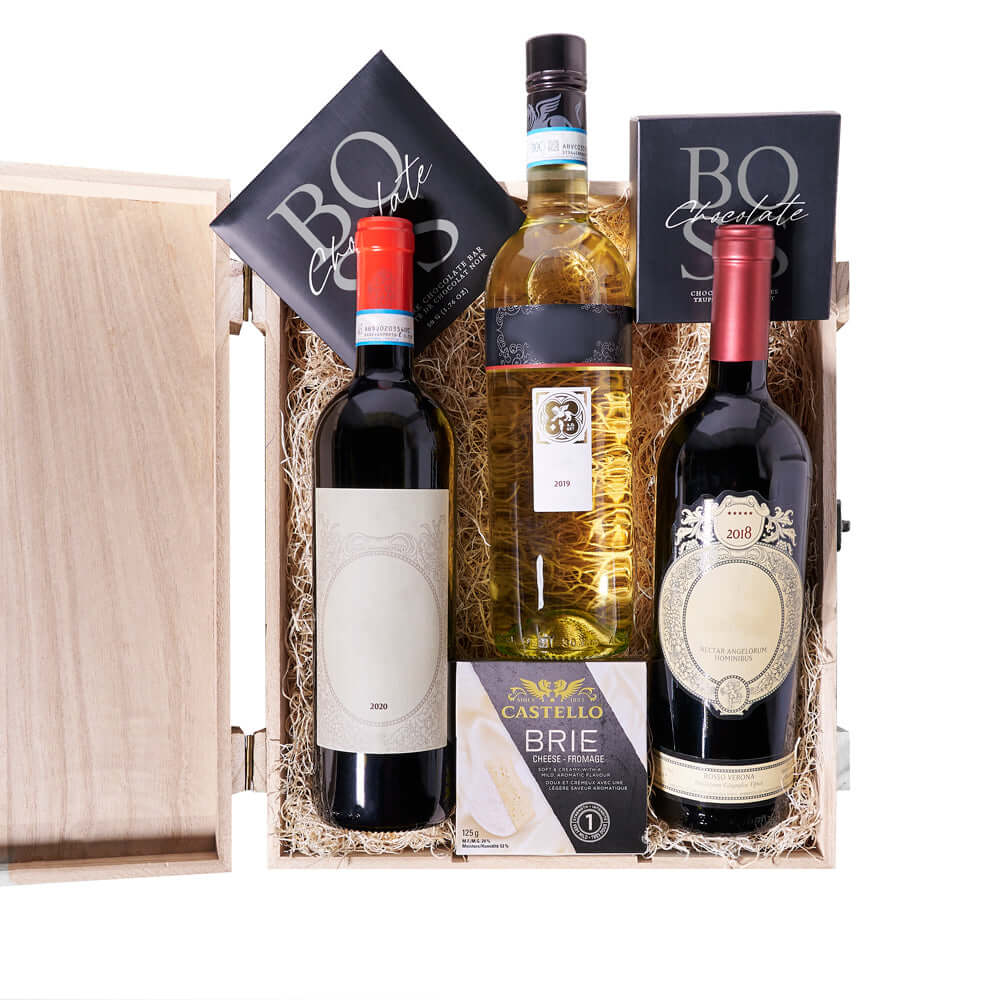 Gourmet Gift Box with Three Wine Bottles, Castello Brie, and Chocolates – how the gift is presented