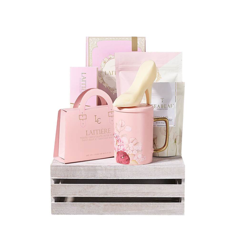 Perfect Pink Chocolate & Tea Crate, chocolate gift, chocolate, gourmet gift, gourmet, macaron gift, macaron, tea gift, tea. Connecticut Delivery