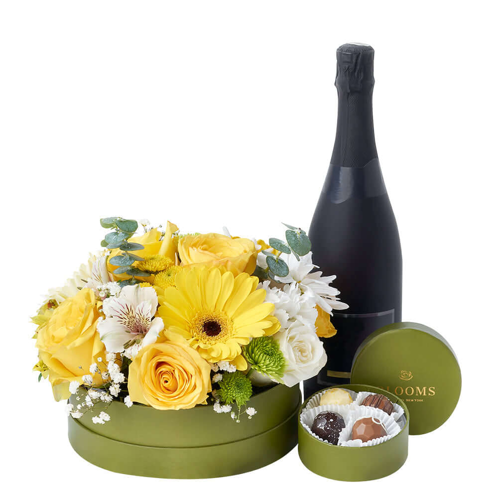Celebrations Galore Flowers &amp; Champagne Gift - Mixed Floral Hat Box and Sparkling Wine Gift - Connecticut Delivery