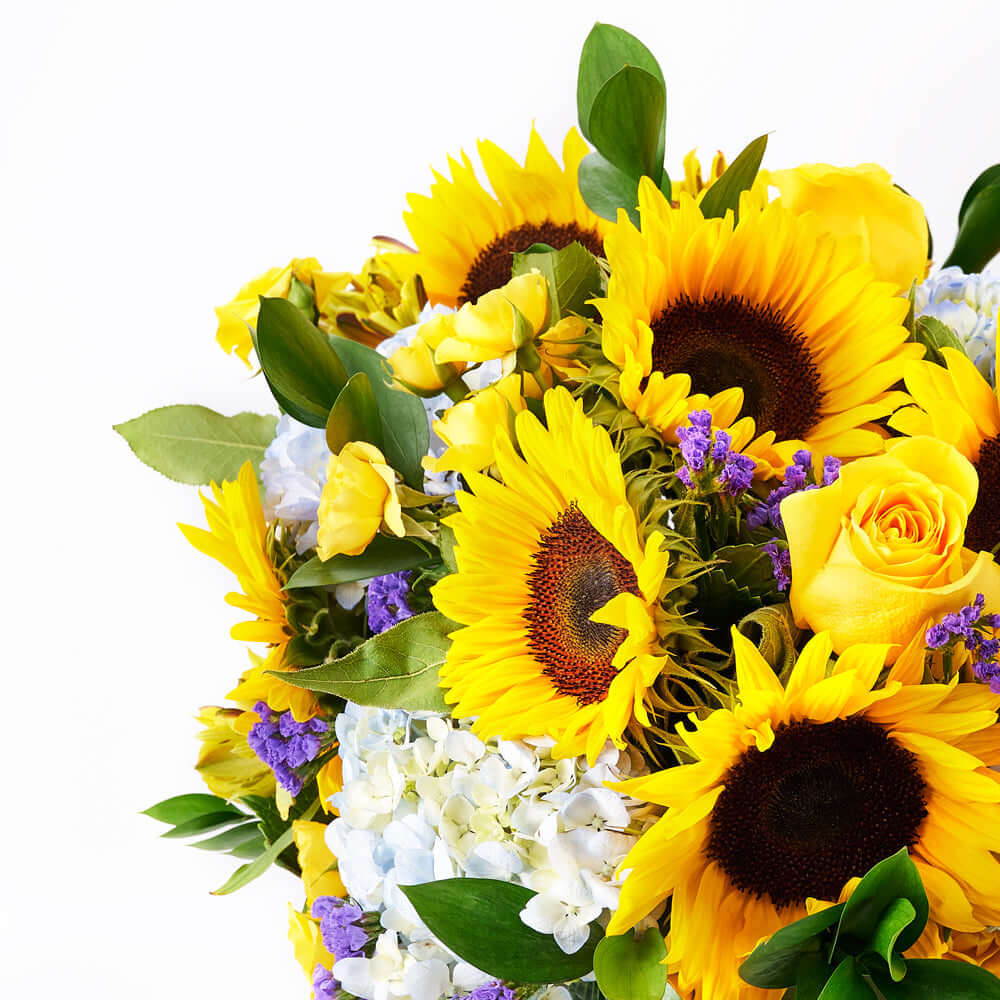 Bright Sunflower and Rose Designer Box Arrangement – how the gift is presented