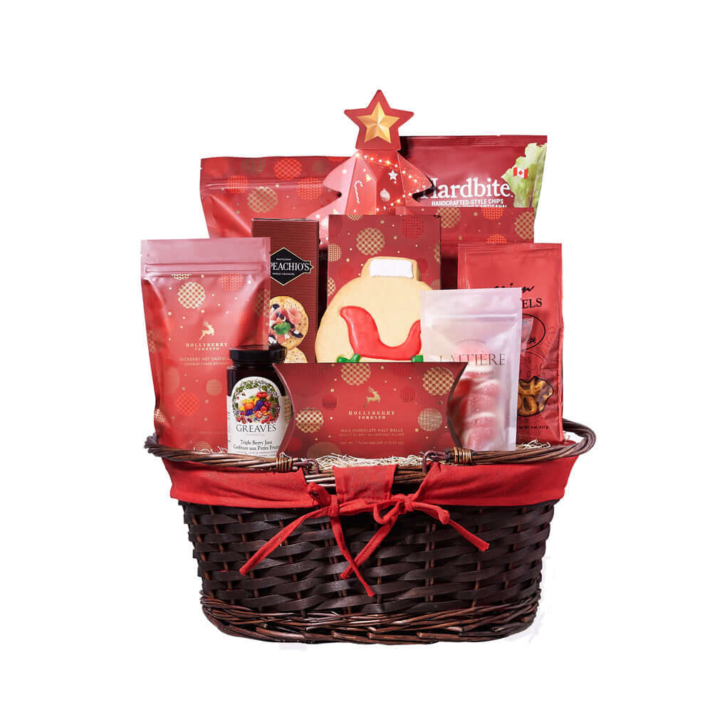 Christmas Themed Gourmet Gift Basket with Holiday Treats – how the gift is presented