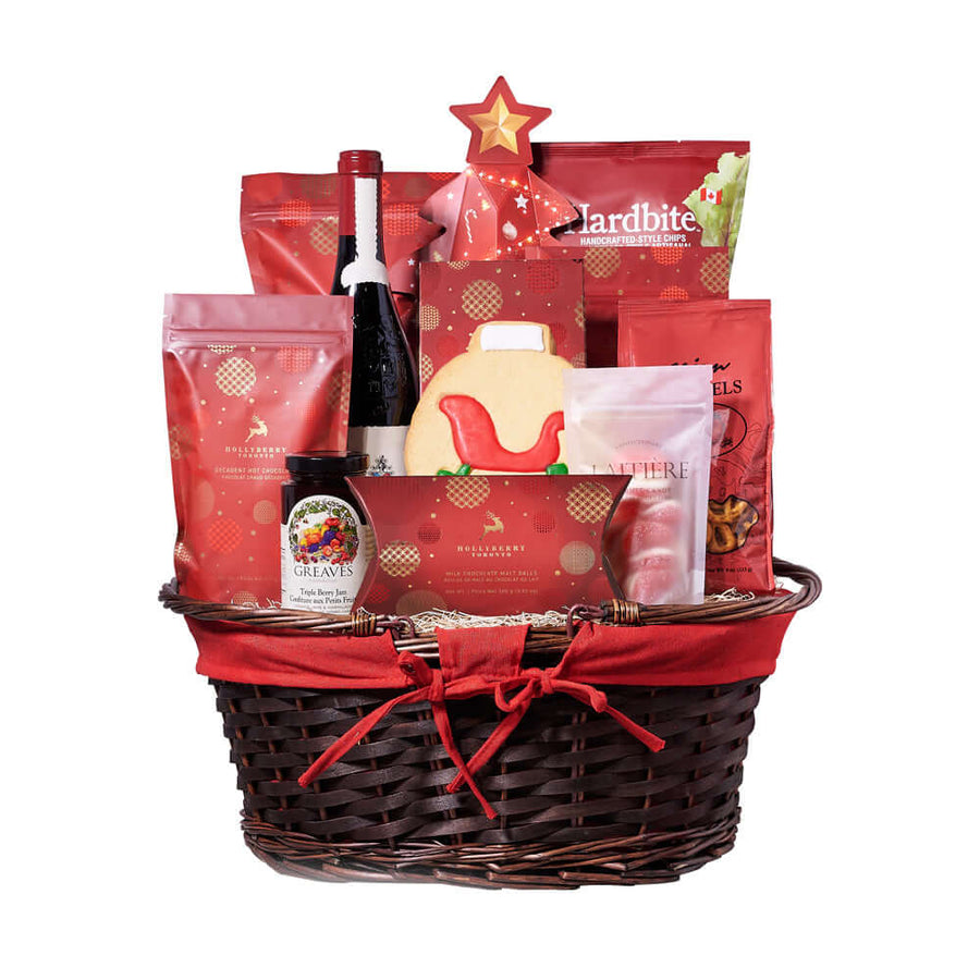 Christmas Delights Wine Gift Basket, Wine Gift Baskets, Gourmet Gift Baskets, Chocolate Gift Baskets, Xmas Gifts, Wine, Cookies, Pretzels, Chocolates, Jam, Popcorn, Chips, Christmas Gift Baskets, Connecticut Delivery