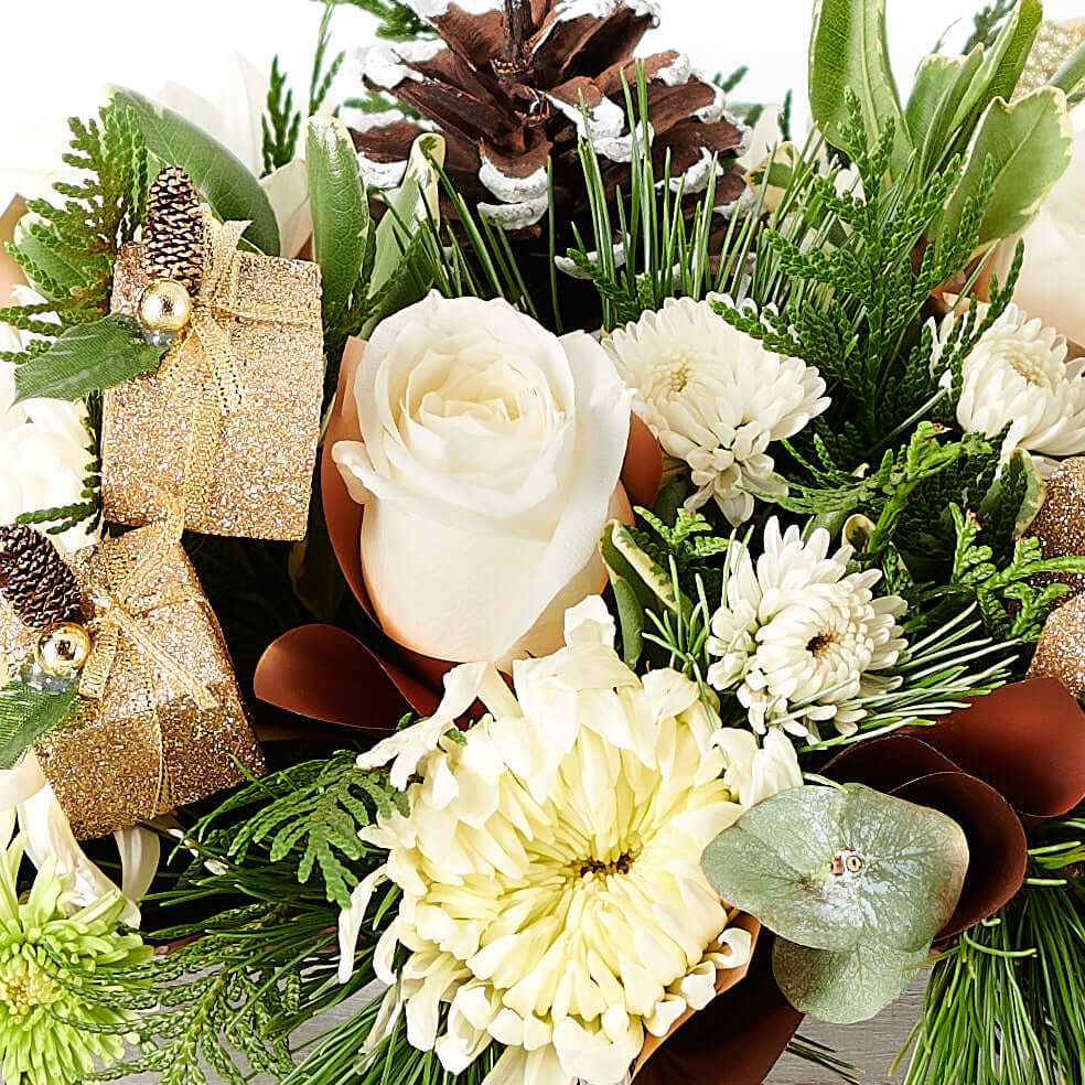 Festive White Spider Chrysanthemums and Roses Floral Arrangement – how the gift is presented