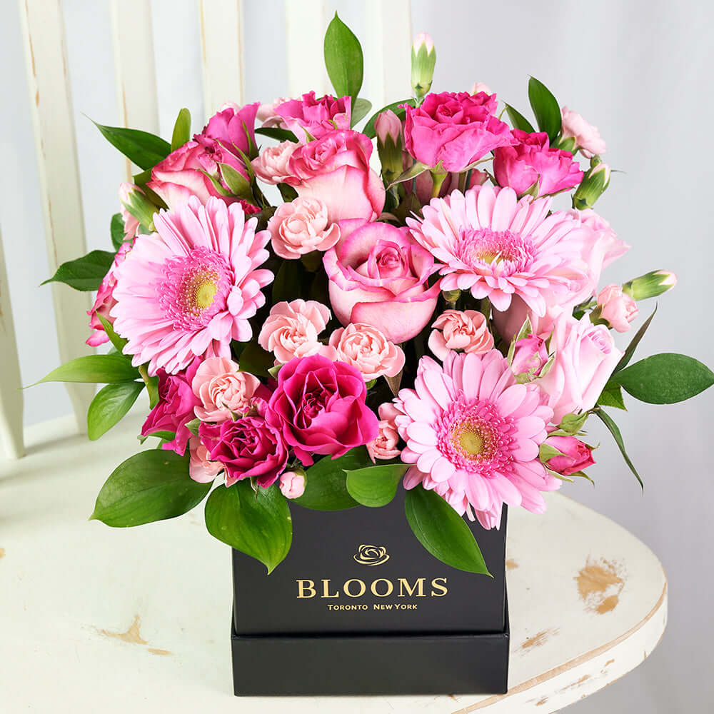 Deluxe Pink Rose and Carnation Arrangement in Designer Hat Box – how the gift is presented
