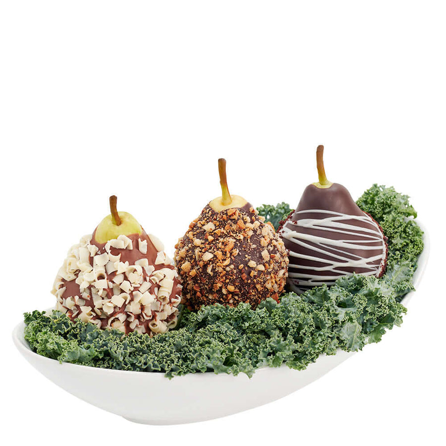 Fragrant & Fresh Floral Gourmet Gift Set - Dipped Chocolate Pears, Mixed Roses Gift - Connecticut Delivery