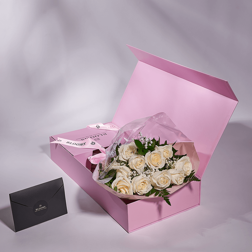 Enduring White Rose Bouquet & Box, floral gifts, rose gifts, gifts, roses, Connecticut delivery