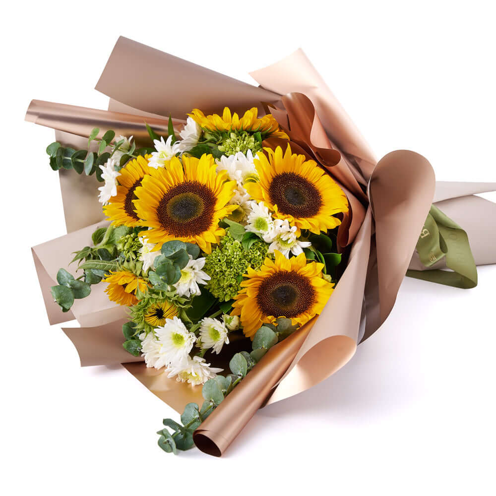 Sunflower and Ruscus Bouquet – how the gift is presented