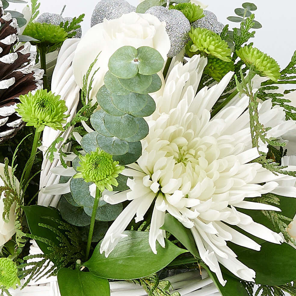 Winter White Floral Basket with Roses and Spider Chrysanthemums – how the gift is presented