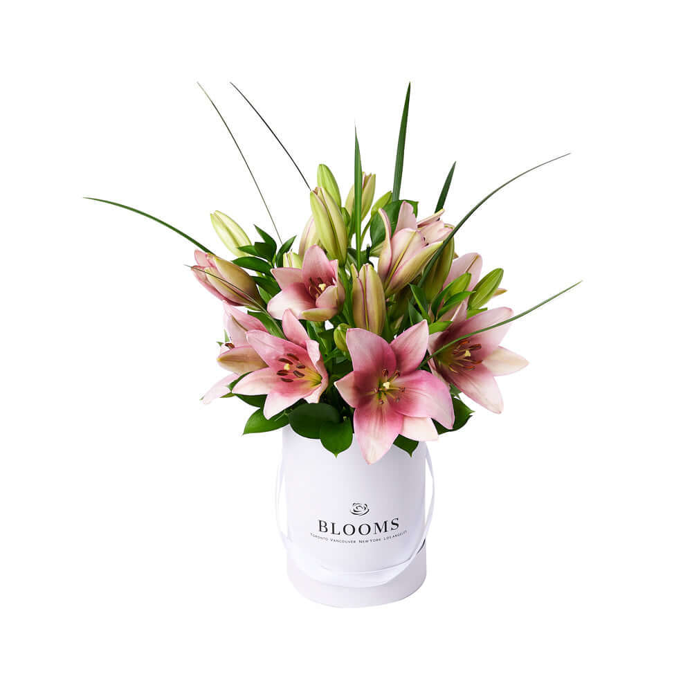Pink Lilies Hat Box Arrangement – how the gift is presented