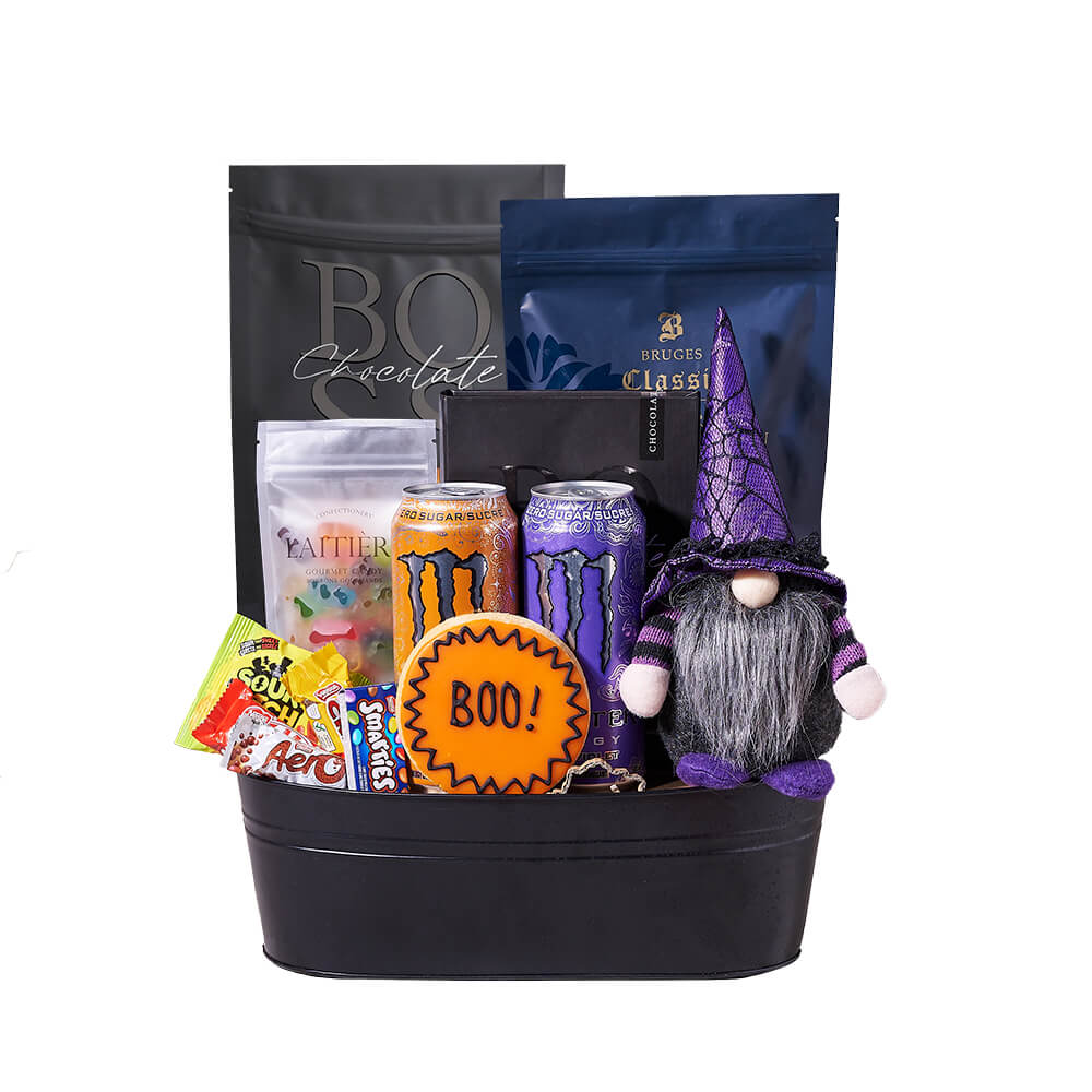 Deluxe Halloween Gourmet Gift Tin with Energy Drinks and Sweets – how the gift is presented