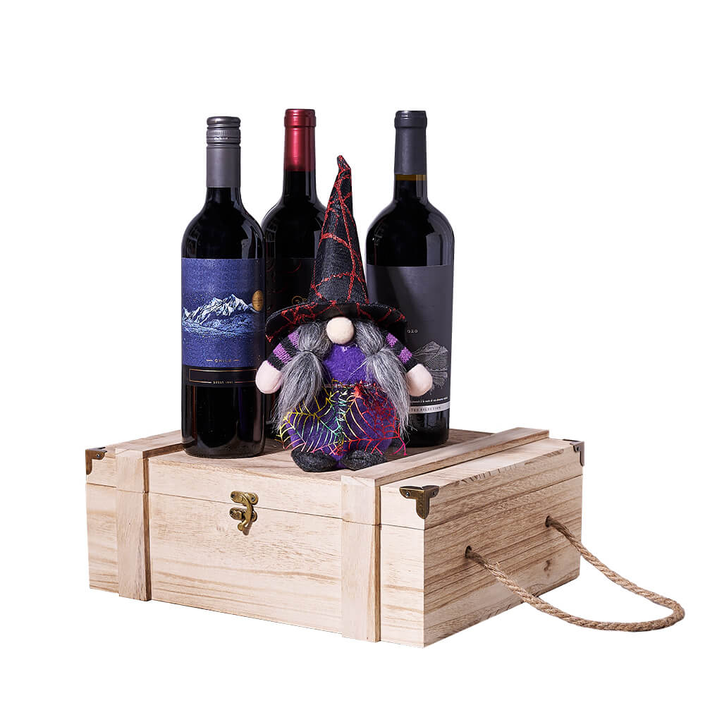 Halloween Witch Plush and 3-Bottle Wine Gift Box – how the gift is presented