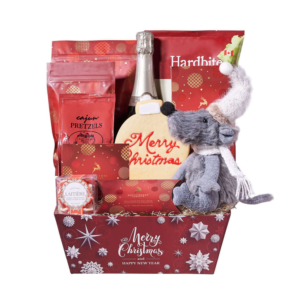 Holiday Mouse &amp; Champagne Gift Basket, champagne gift basket, champagne, champagne gift, gourmet gift basket, gourmet, christmas gift basket, christmas gift, christmas, holiday gift basket, holiday, holiday gift, candy gift, candy, sparkling wine gift basket, sparkling wine gift, sparkling wine