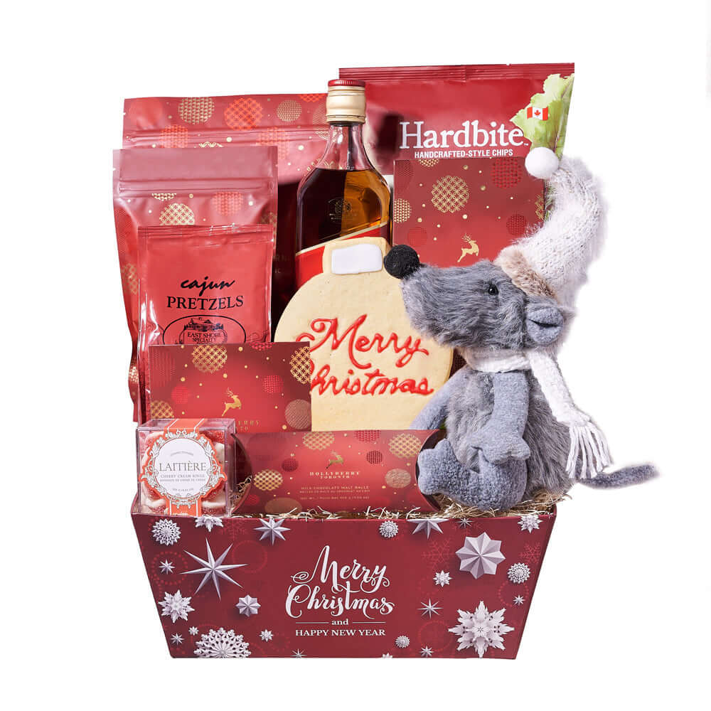 Holiday Mouse &amp; Liquor Gift Basket, liquor gift basket, liquor, liquor gift, gourmet gift basket, gourmet, christmas gift basket, christmas gift, christmas, holiday gift basket, holiday, holiday gift, candy gift, candy