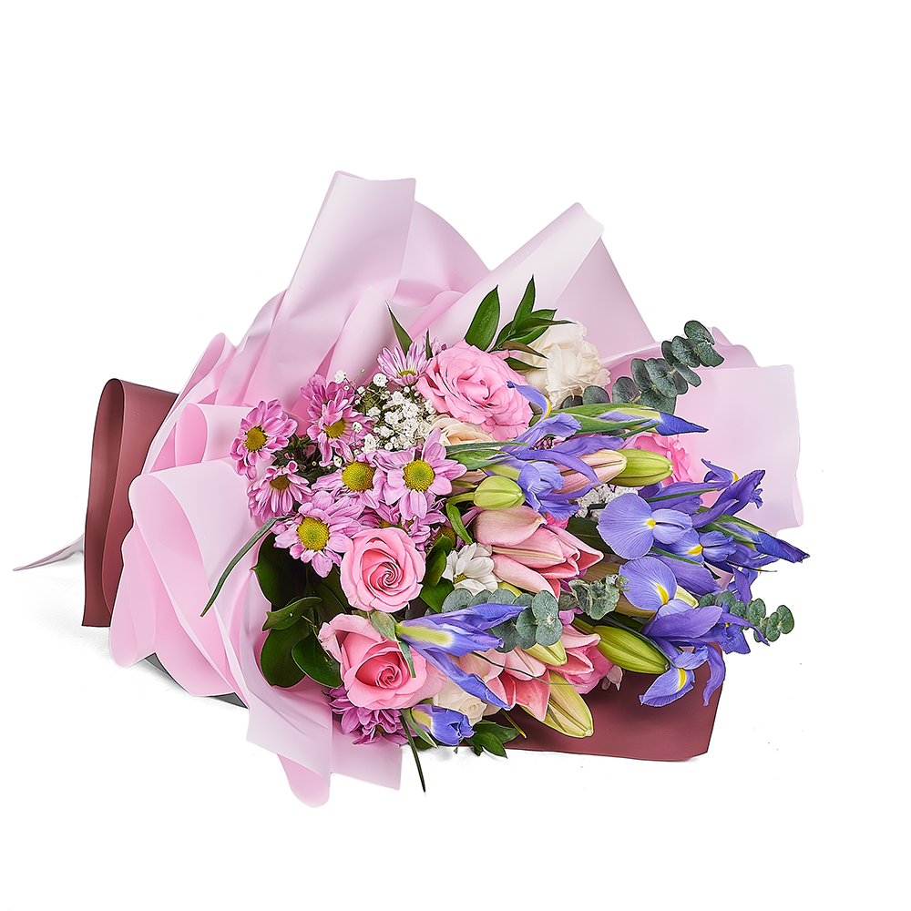 Purple Iris and Rose Bouquet with Lilies and Alstroemeria – how the gift is presented