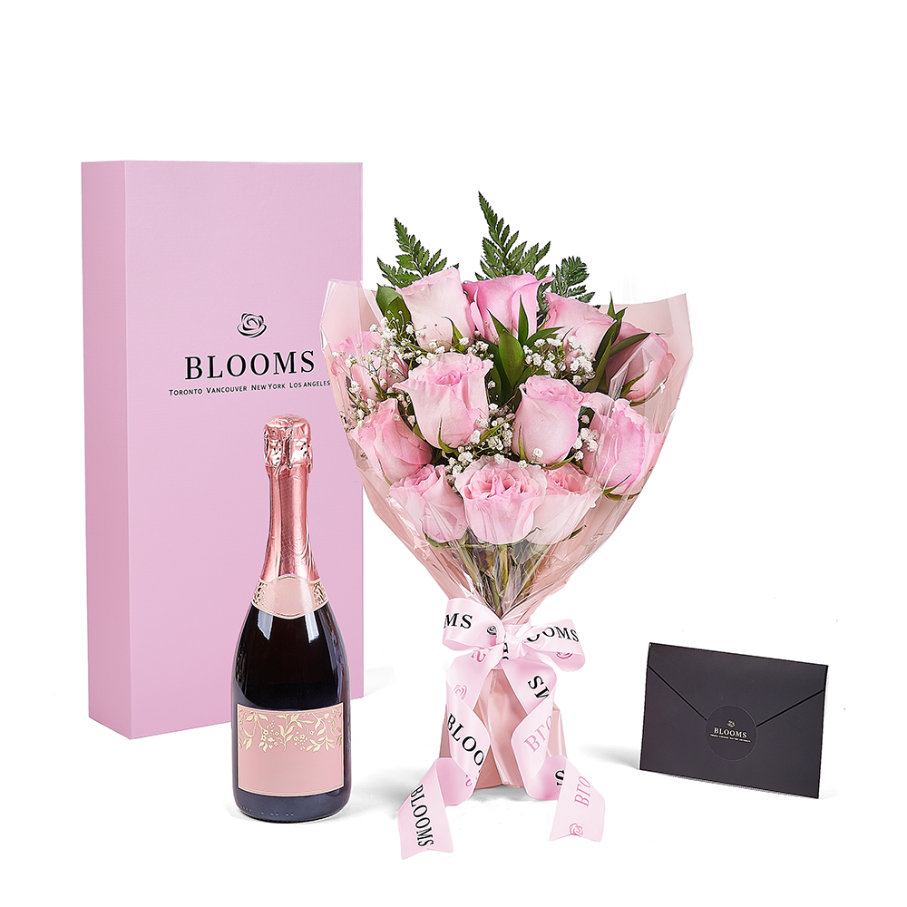 Mother's Day 12 Stem Pink Rose Bouquet with Box &amp; Champagne, champagne gift, champagne, sparkling wine gift, sparkling wine, mothers day gift, mothers day, Connecticut delivery