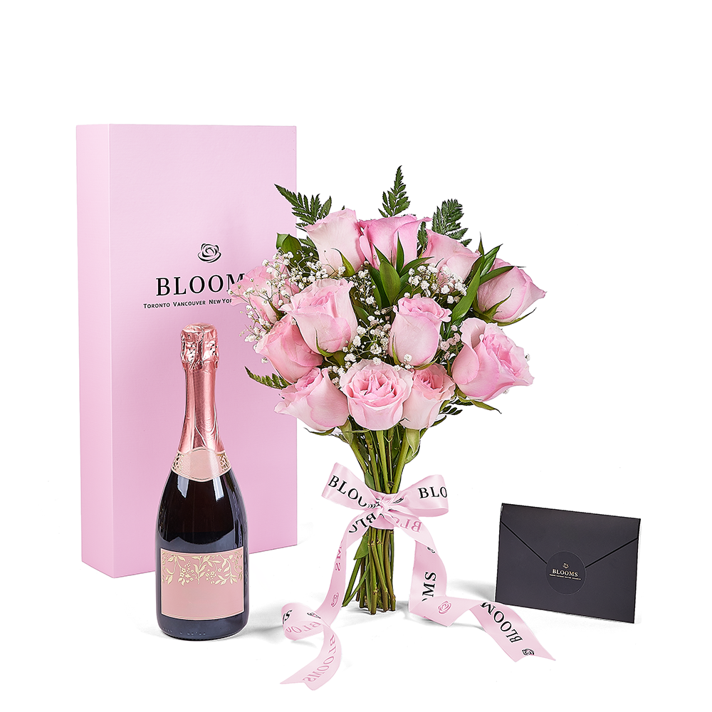 Mother's Day 12 Stem Pink Rose Bouquet with Box & Champagne, champagne gift, champagne, sparkling wine gift, sparkling wine, mothers day gift, mothers day, Connecticut delivery