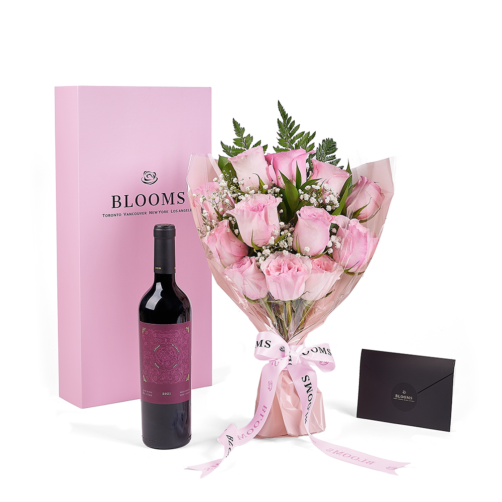 Mother's Day 12 Stem Pink Rose Bouquet with Box &amp; Wine, rose gift, rose, mothers day gift, mothers day, wine gift, wine, Connecticut delivery